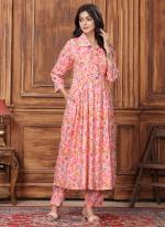 Premium Rayon Peach Casual Wear Printed Readymade Cord Set